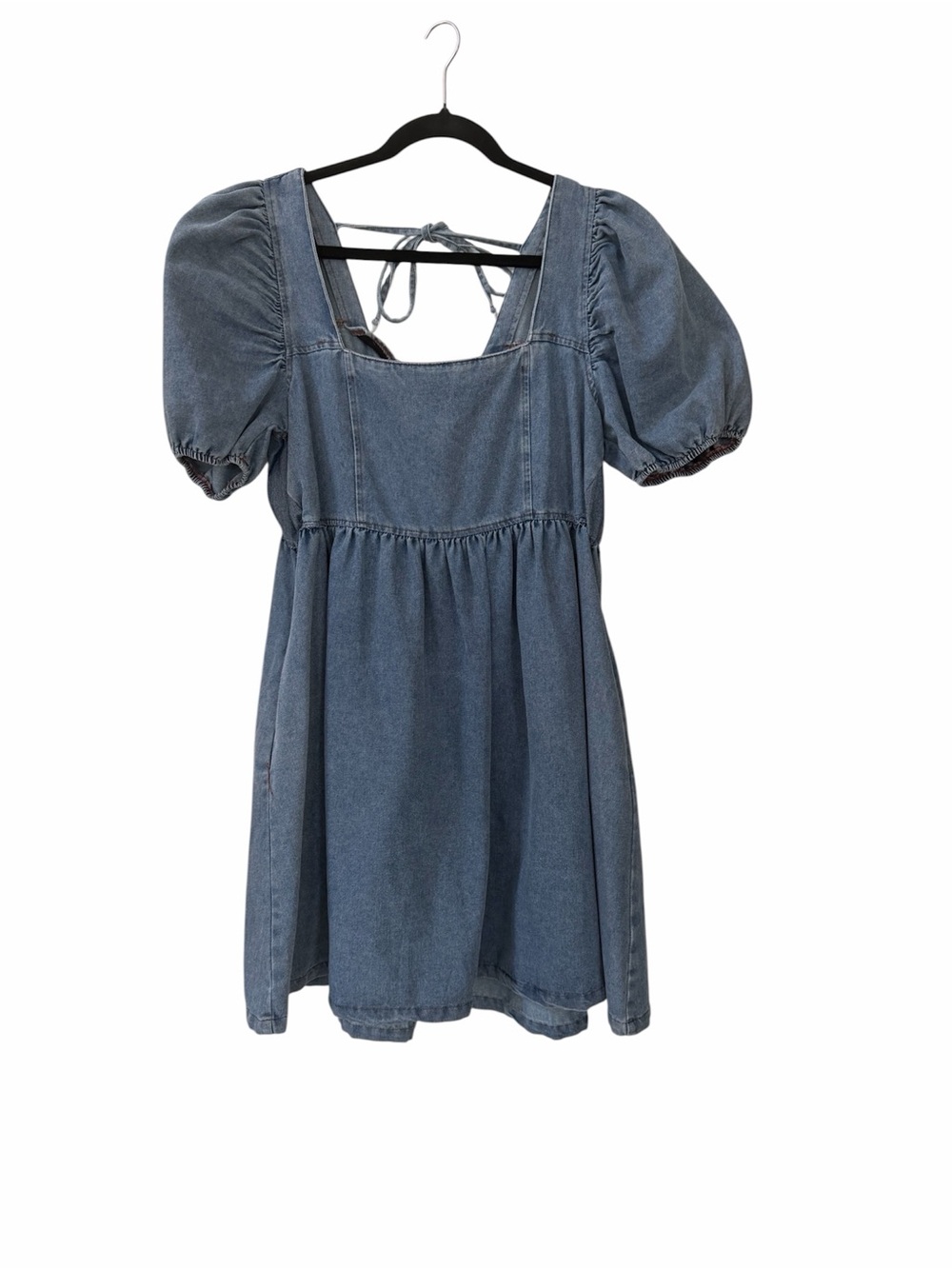 Denim Square-Neck Puff Sleeve babydoll Mini Dress in Blue